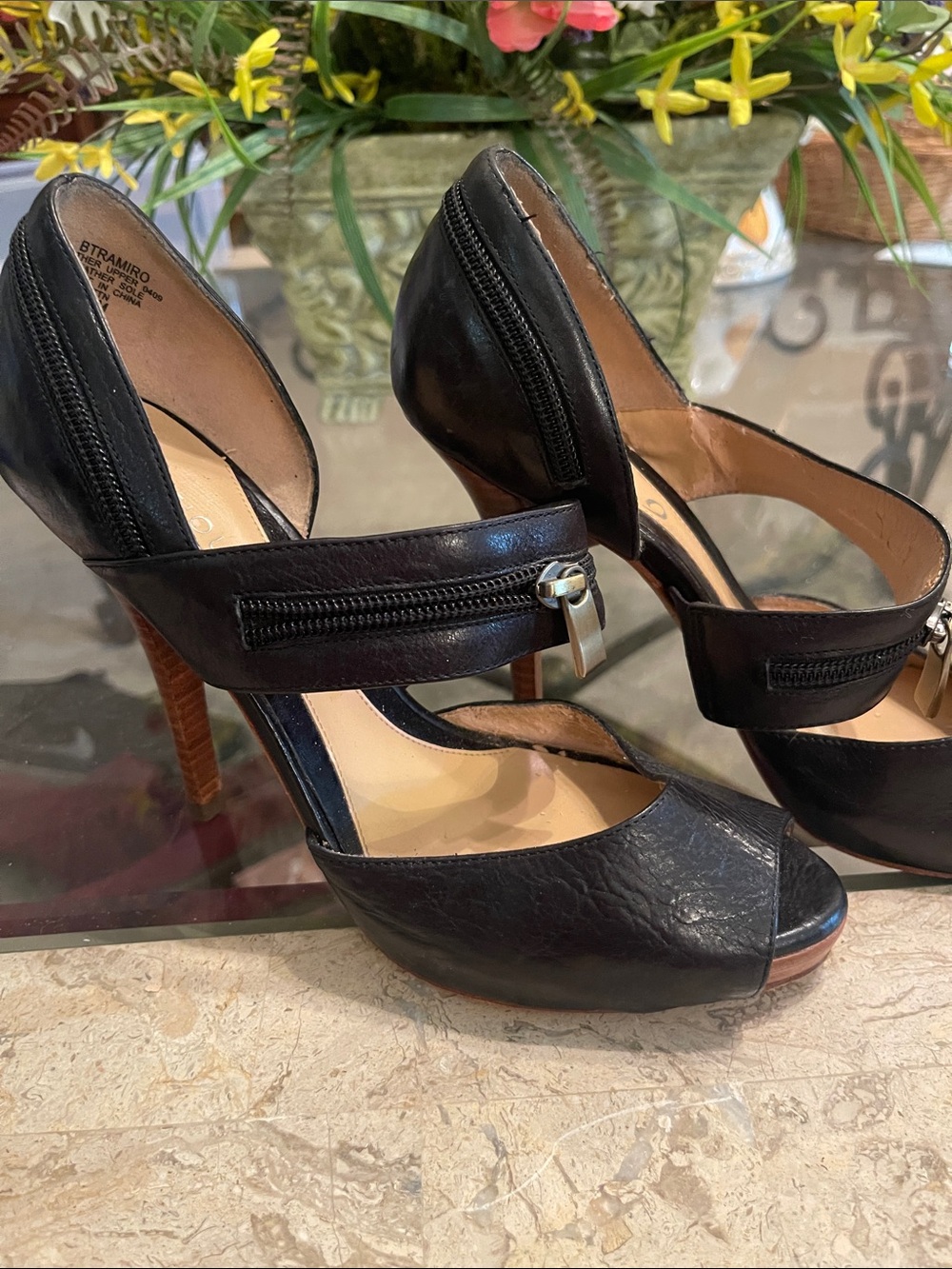 Women's Black Leather Peep-Toe High Heels with Side Zipper Detail